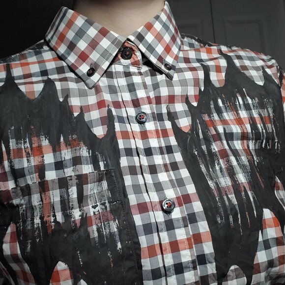 The Scarecrow, a red, orange, black & white cotton  checkered button-down shirt - Picture 5 of 15